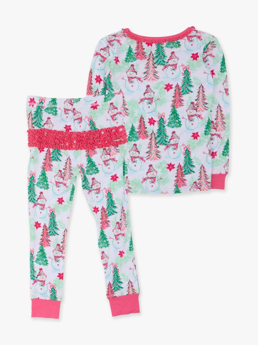 Pink Snowman Grove Ruffle Long Sleeve Pajama Set