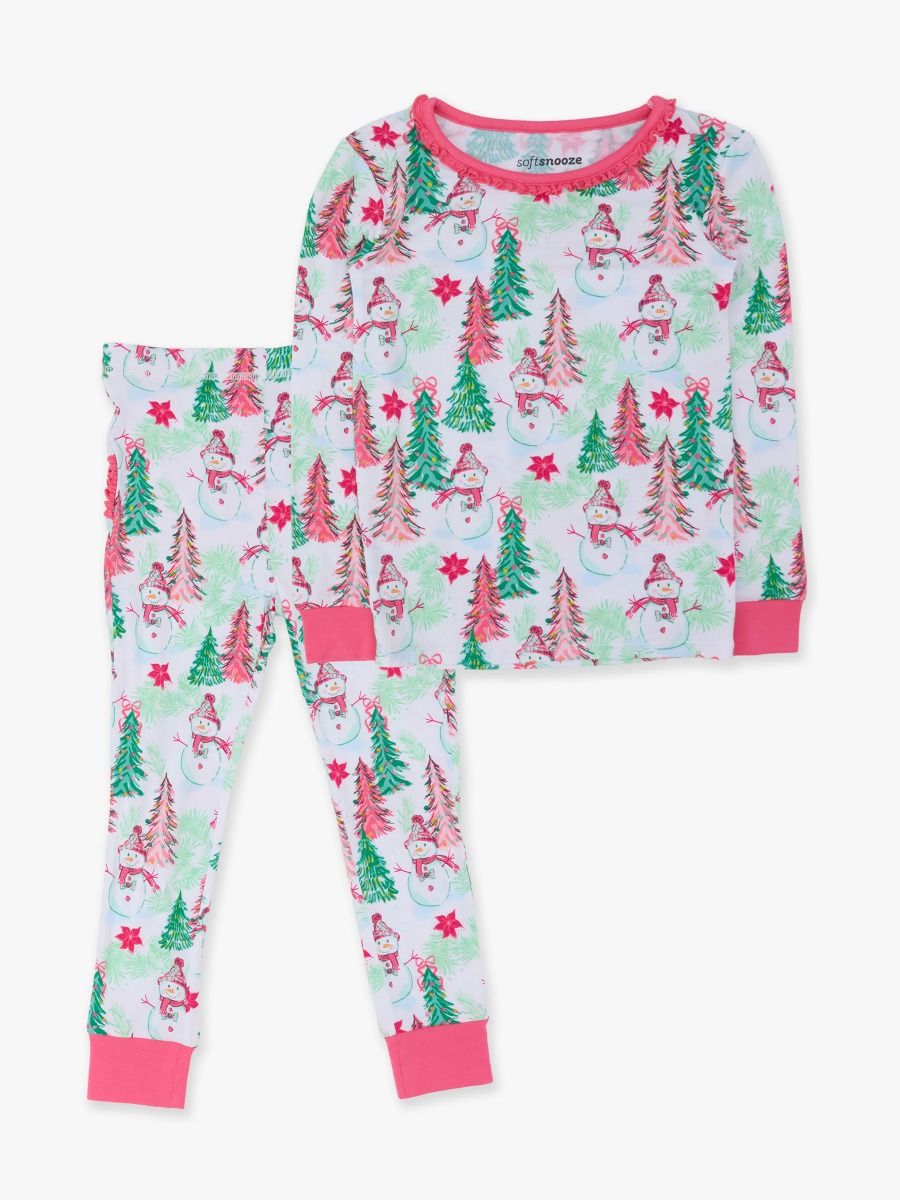 Pink Snowman Grove Ruffle Long Sleeve Pajama Set