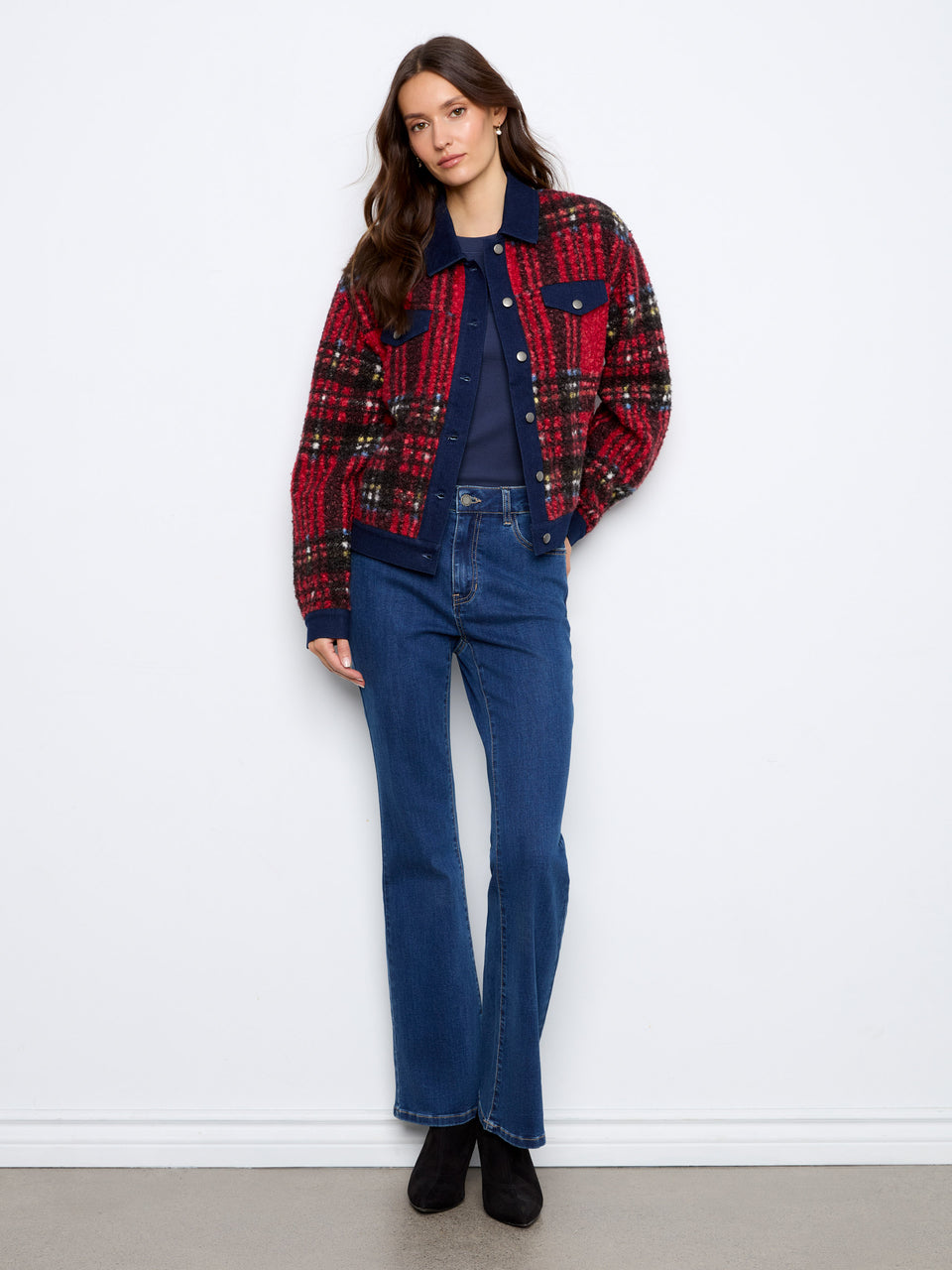 Plaid Bouclé Jacket with Denim Trim