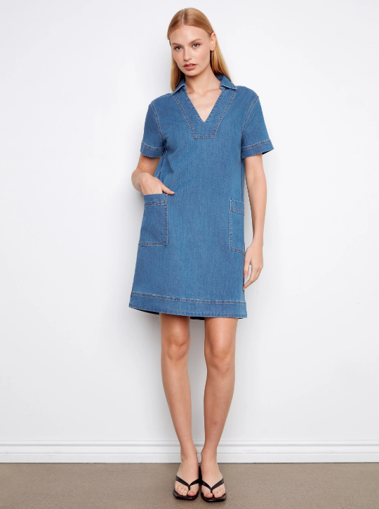Collared V-Neck Denim Dress