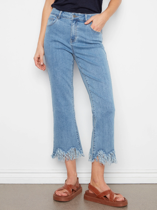 Stretch Denim Bootcut Pants with Fringed Hem