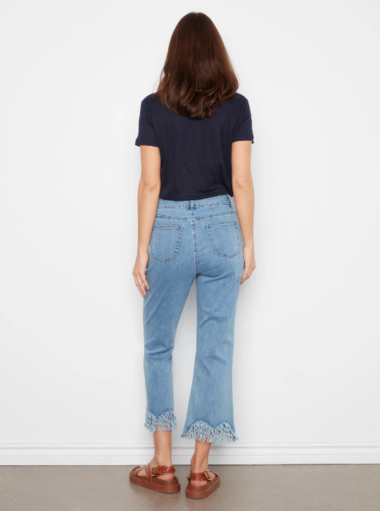 Stretch Denim Bootcut Pants with Fringed Hem