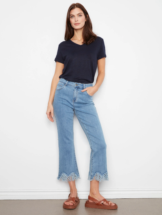 Stretch Denim Bootcut Pants with Fringed Hem
