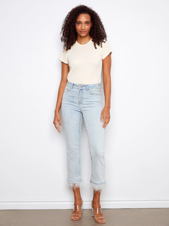 Cropped Jeans with Removable Feather Hem