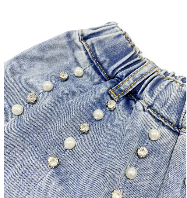 Pearl Stud Tee + Denim Pleat Skirt