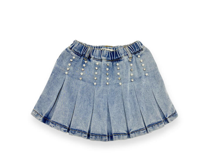 Pearl Stud Tee + Denim Pleat Skirt