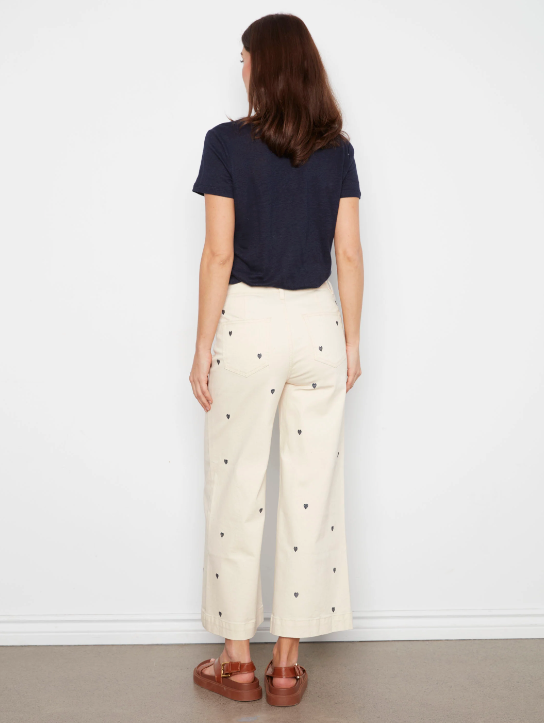 All Over Embroidered Cropped Patch Pocket Flare Twill Pants