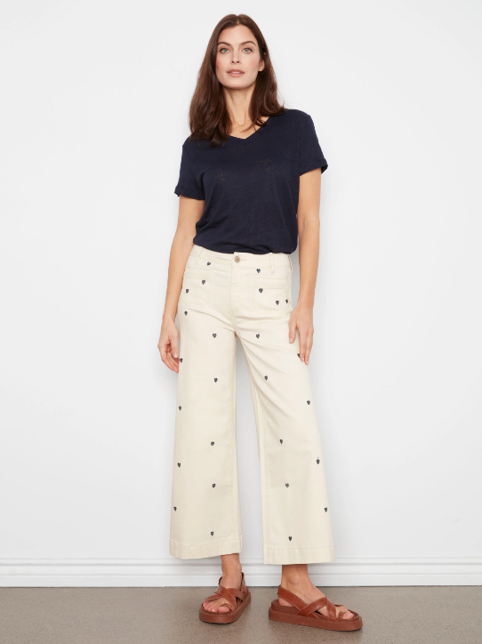 All Over Embroidered Cropped Patch Pocket Flare Twill Pants
