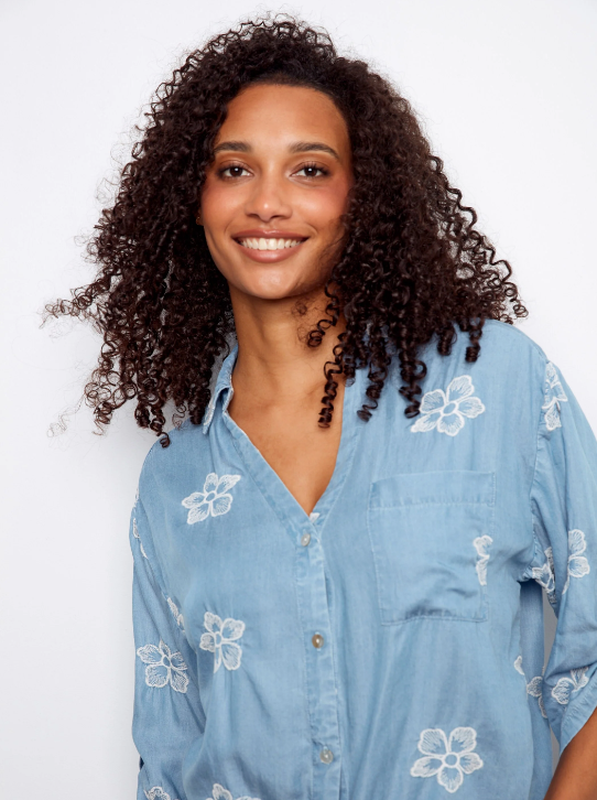 3/4 Rolled-Up Sleeves Blouse with Embroidery