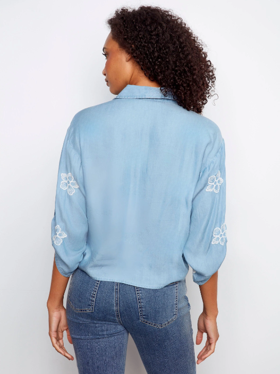 3/4 Rolled-Up Sleeves Blouse with Embroidery