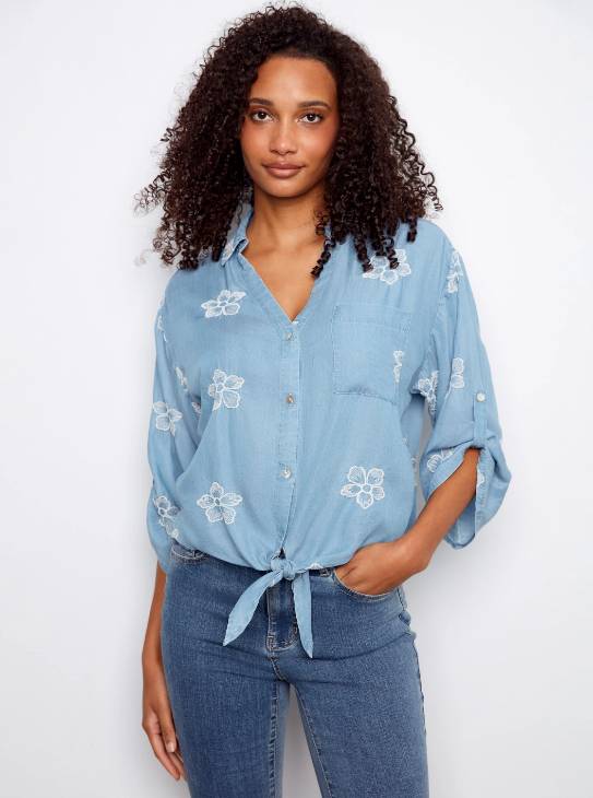 3/4 Rolled-Up Sleeves Blouse with Embroidery