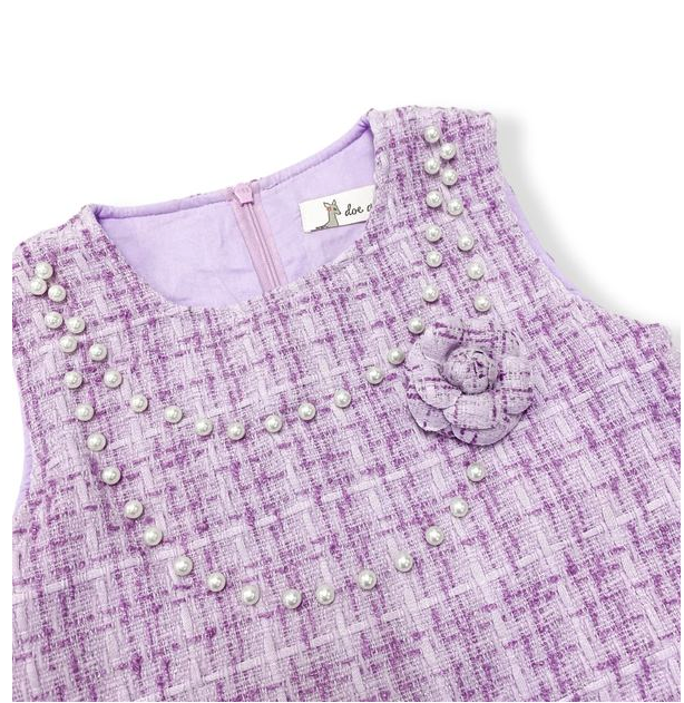 Floral Brooch Pearl Trim Sleeveless Tweed Dress