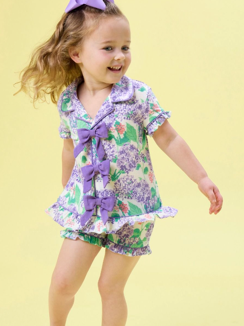 Purple Hydrangea Garden Short Sleeve Bow Ruffle Pajama Set