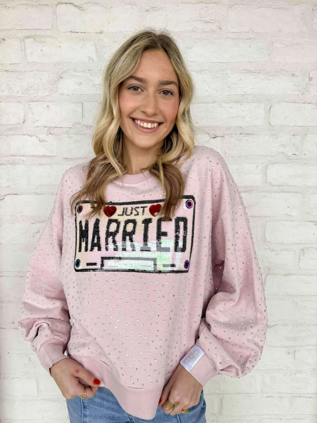 Pale Pink Rhinestone 'Just Married' Sweatshirt
