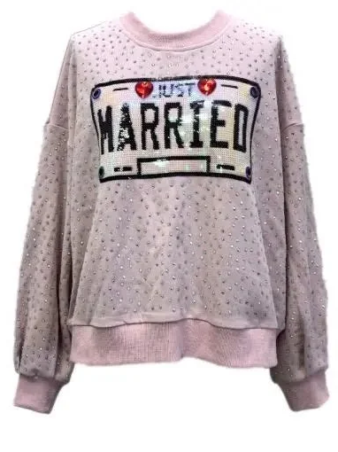Pale Pink Rhinestone 'Just Married' Sweatshirt