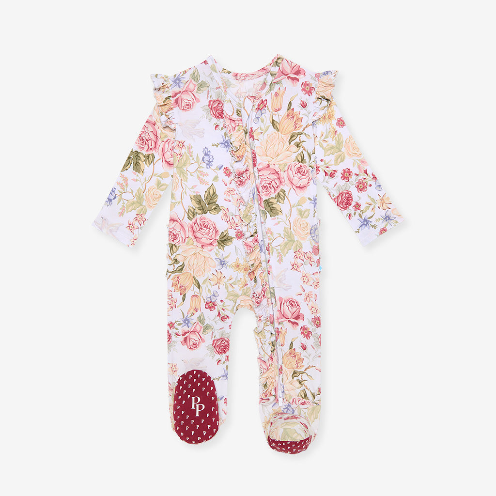 Kristiana Picot Footie Ruffled Zippered One Piece