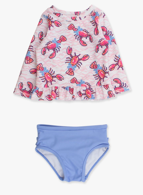 Pink Lobster Lagoon Long Sleeve Rash Guard 2-Piece Swimsuit