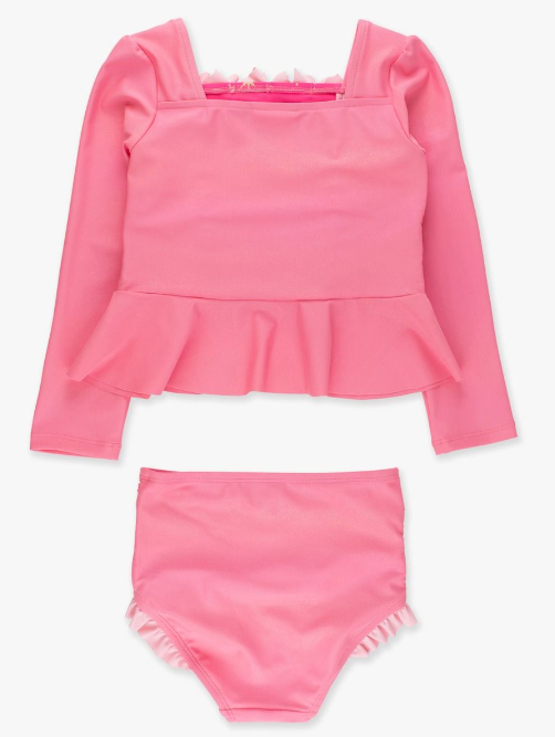 Royal Pink Princess Dress-Up Long Sleeve Rash Guard 2-Piece Swimsuit