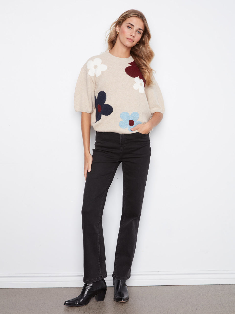 Balloon Elbow Sleeve Jacquard Knit Sweater