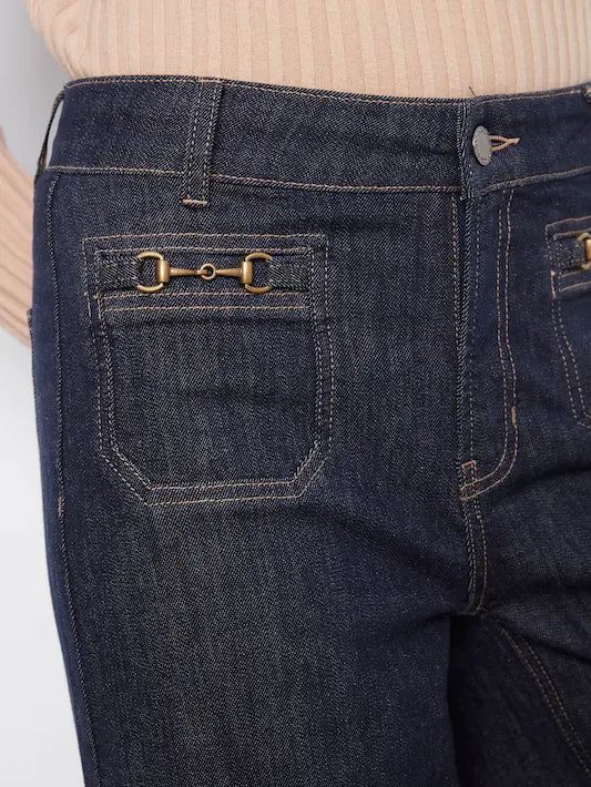Cropped Patch Pocket Wide Leg Jeans with Horsebit Detail