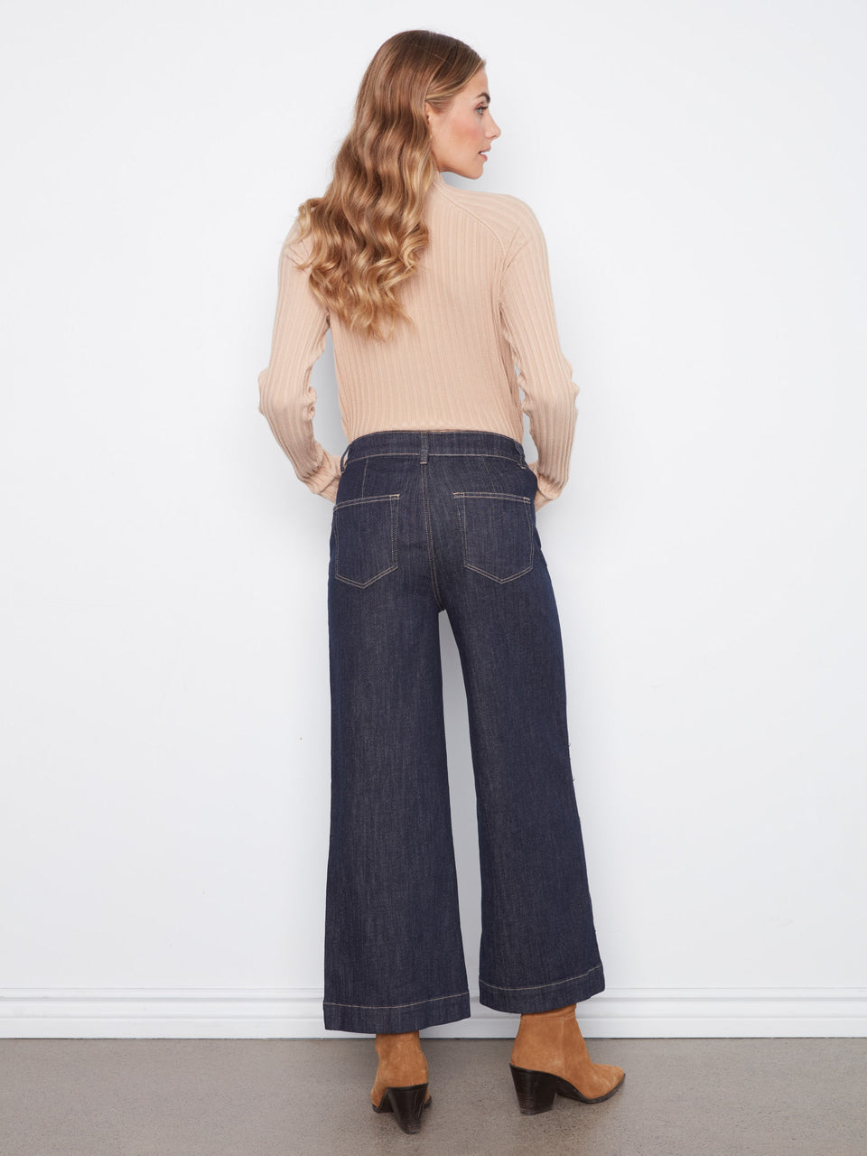 Cropped Patch Pocket Wide Leg Jeans with Horsebit Detail