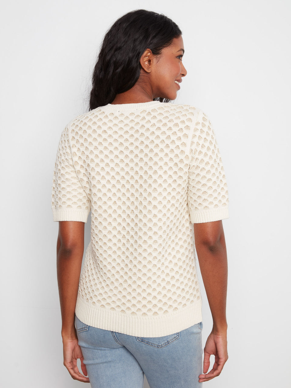 Metallic Honeycomb Short Sleeve Sweater