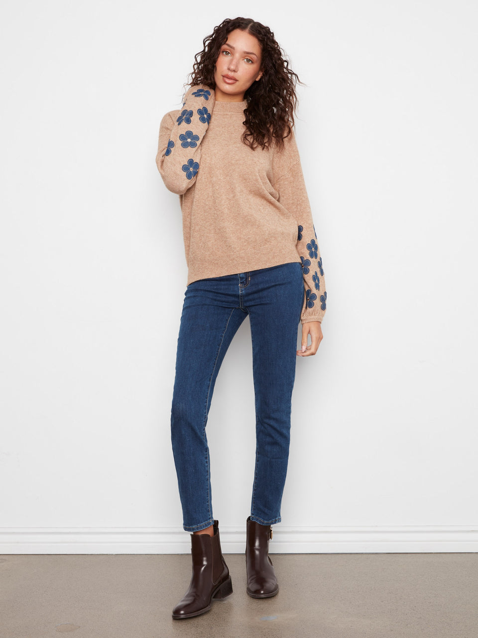 Mock Neck Sweater with Floral Patches